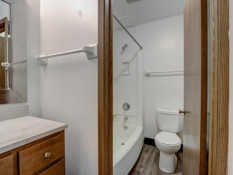 a bathroom with a bathtub and a toilet